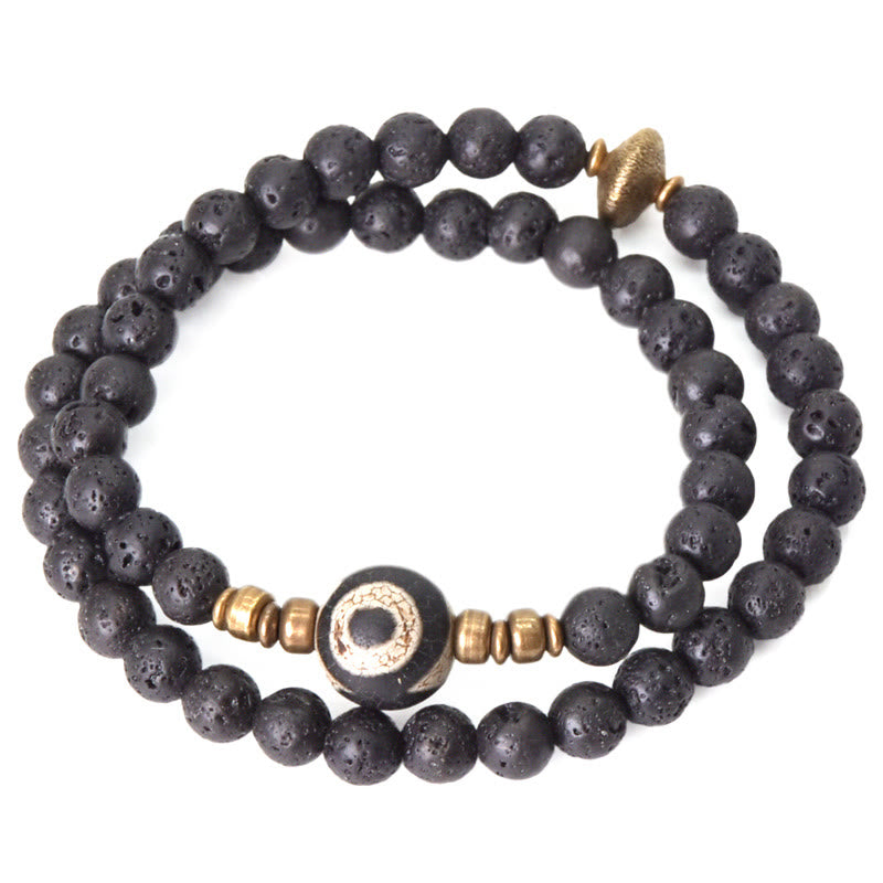 6 mm Lavastein-Armband mit dreiäugigen Dzi-Perlen, doppelt gewickelt