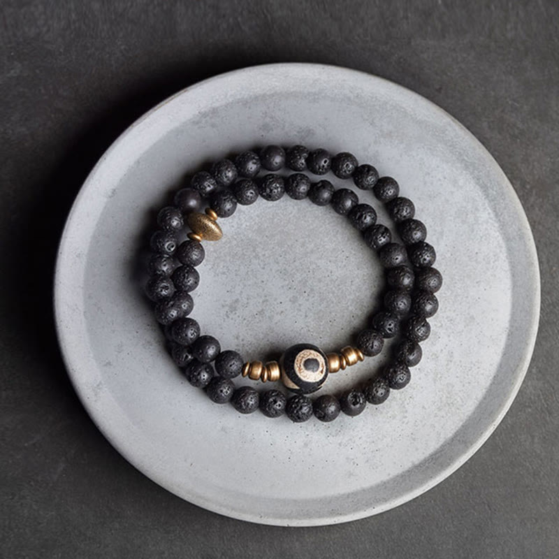 6 mm Lavastein-Armband mit dreiäugigen Dzi-Perlen, doppelt gewickelt