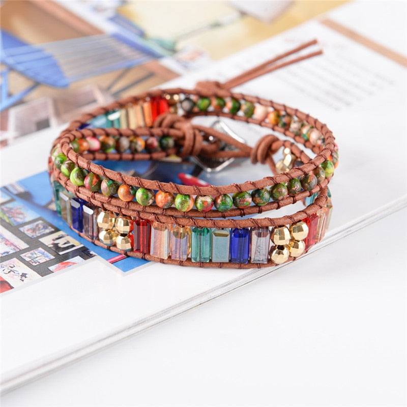 7 Chakra Kristall Leder Wickelarmband