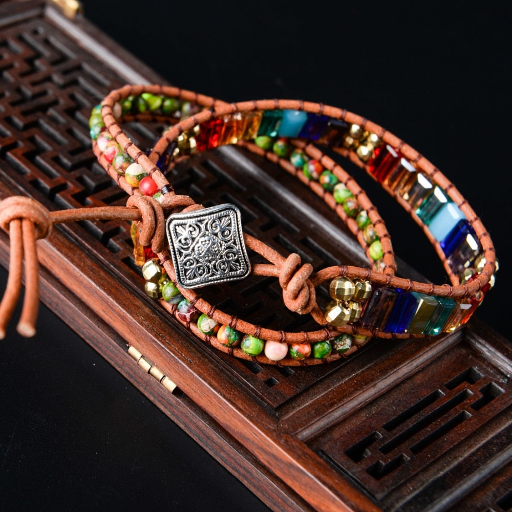 7 Chakra Kristall Leder Wickelarmband
