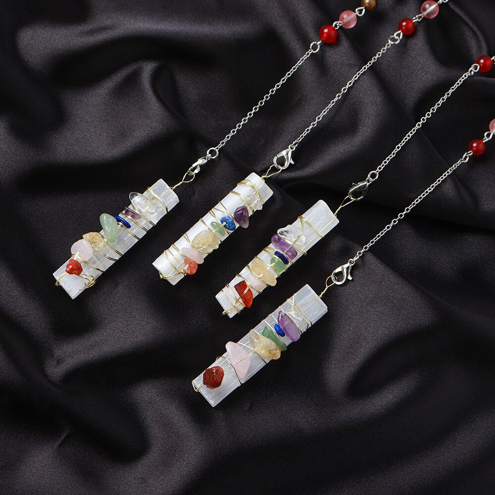 7 Chakra-Kristallpendel mit Selenit und Amethyst