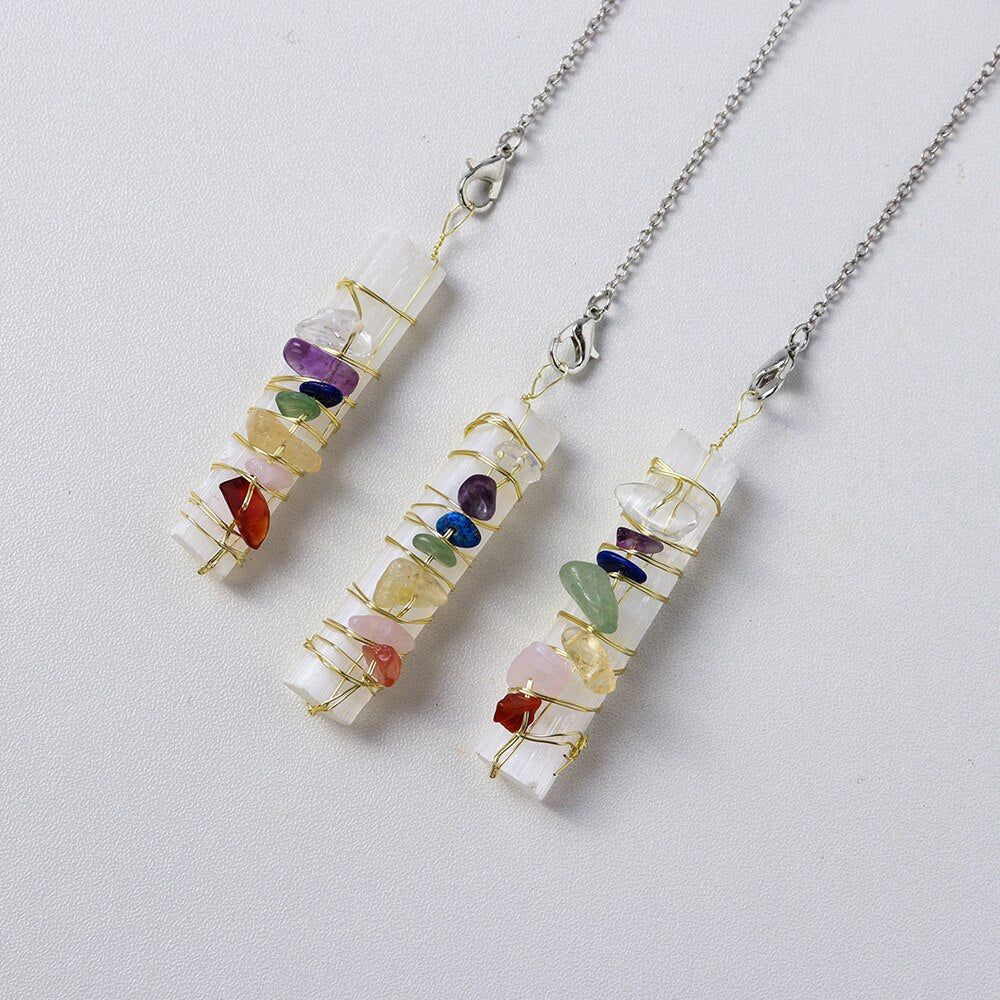 7 Chakra-Kristallpendel mit Selenit und Amethyst