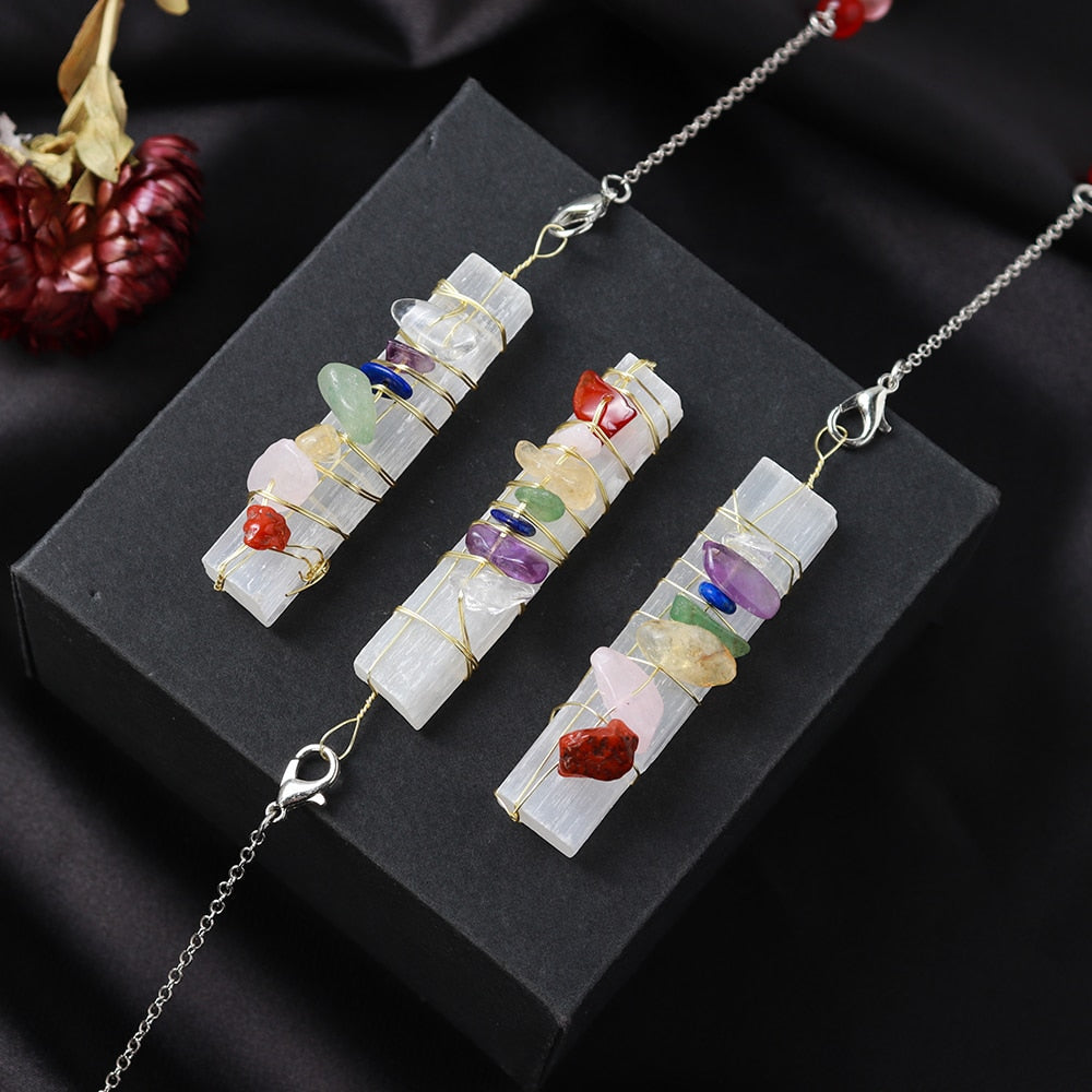 7 Chakra-Kristallpendel mit Selenit und Amethyst