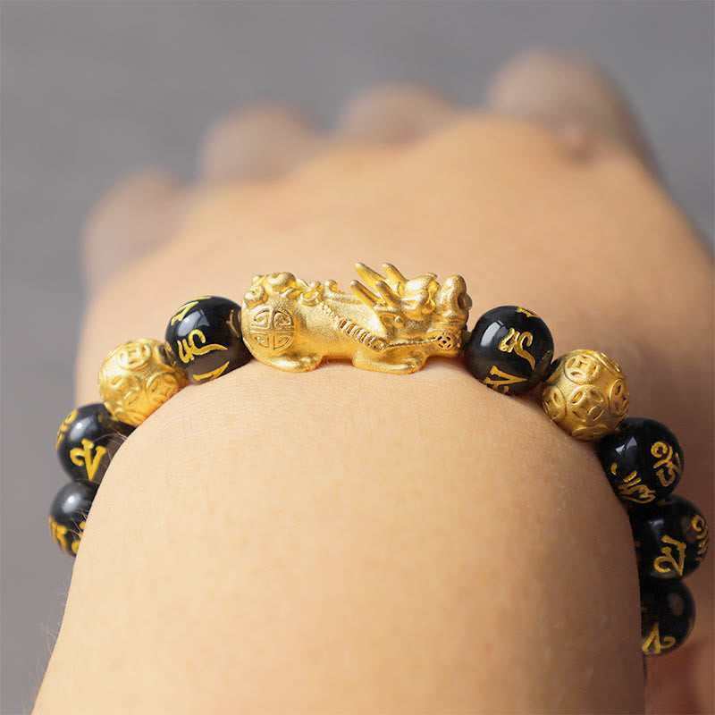 12mm Obsidian Pixiu Bracelet for Wealth & Protection