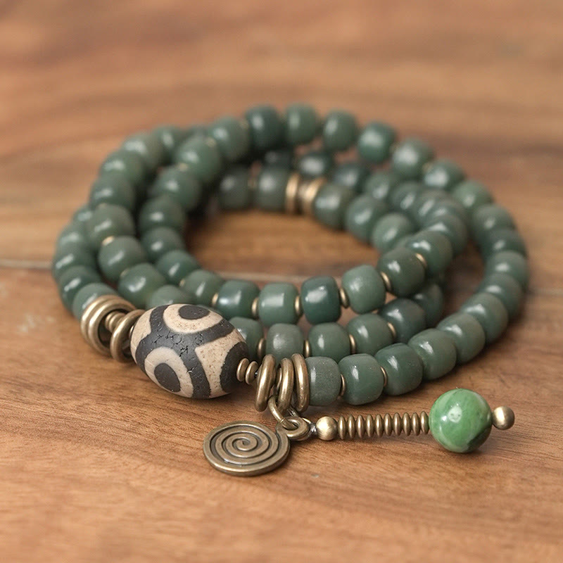Unisex Cyan Bodhi Seed Dzi Bead Triple Wrap Bracelet