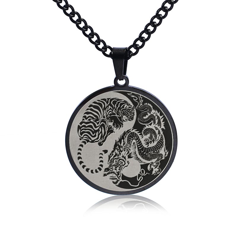 Titanium Steel Dragon Necklace with Tiger Dragon Harmony Pendant