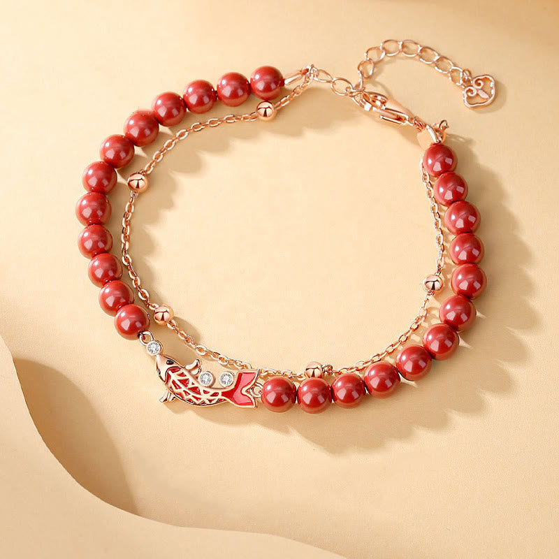925 Sterling Silver Koi Fish Prosperity Bracelet Double Chain