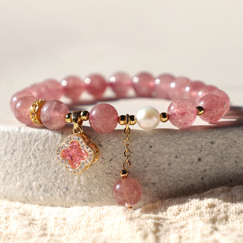 Strawberry Quartz Healing Bracelet with Pearl Clover Charm