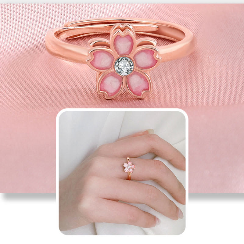 925 Sterling Silver Cherry Blossom Blessing Chain Bracelet with Rotatable Ring