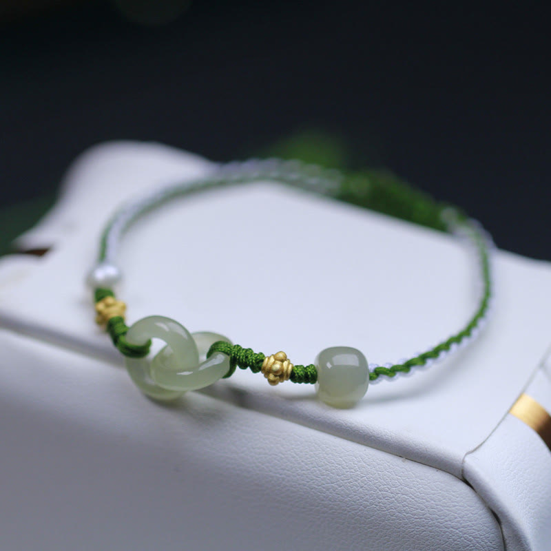 Sterling Silver Hetian Jade Double Peace Buckle Braided Bracelet