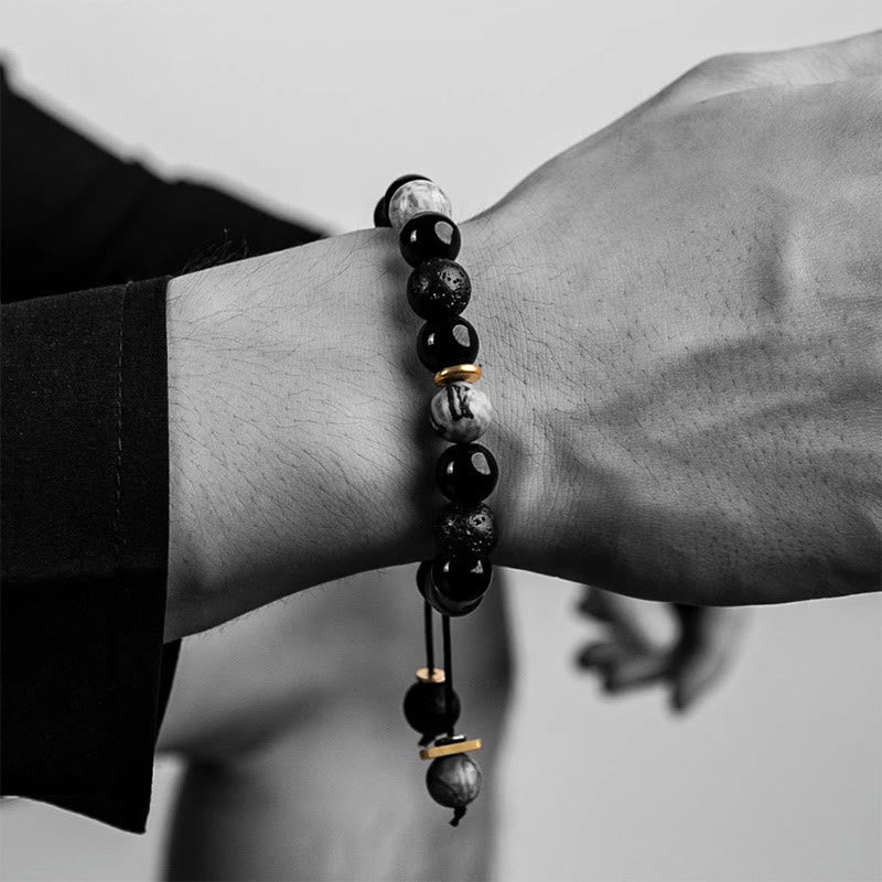 Schwarzes Obsidian-Lavastein-Yin-Yang-Armband für Stärke