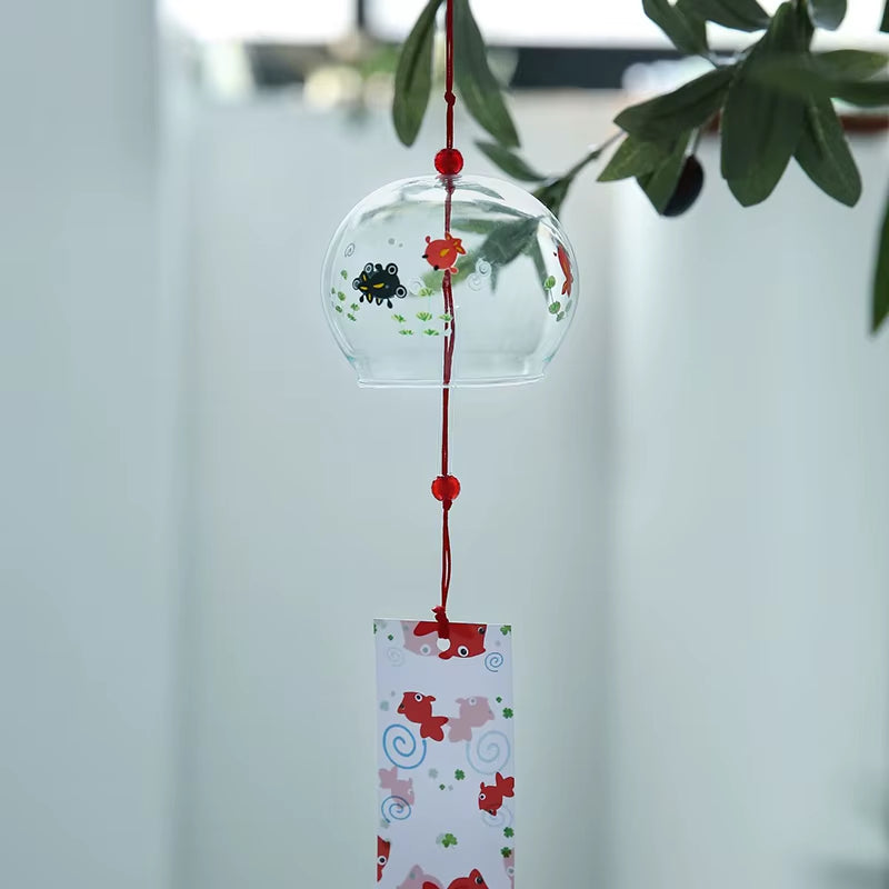 Glass Wind Chime with Red Accents and Beads for Japanese Outdoor Decor Ornament