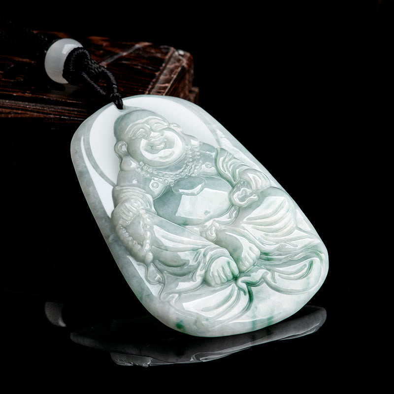 Halskette mit Anhänger „Laughing Buddha“ aus natürlicher Jade, 65 cm