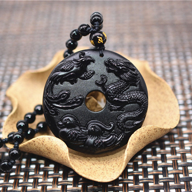 Black Obsidian Luck & Protection Necklace with Dragon Pendant