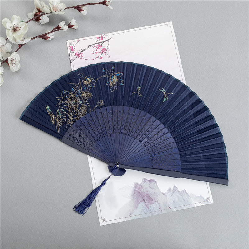 Silk Bamboo Chinese Folding Fan 22.5cm with Crane Dragonfly Motifs