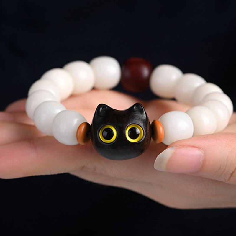 Unisex Bodhi Seed & Wood Lucky Cat Spiritual Bracelet