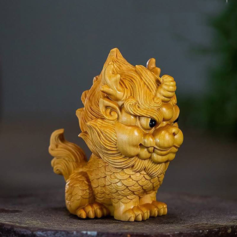 Feng Shui Kirin Boxwood Wood Engraving Spiritual Statue