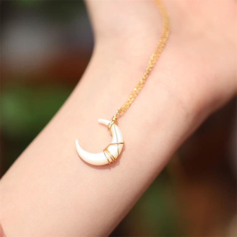 Tridacna Stone Crescent Moon Spiritual Necklace Pendant