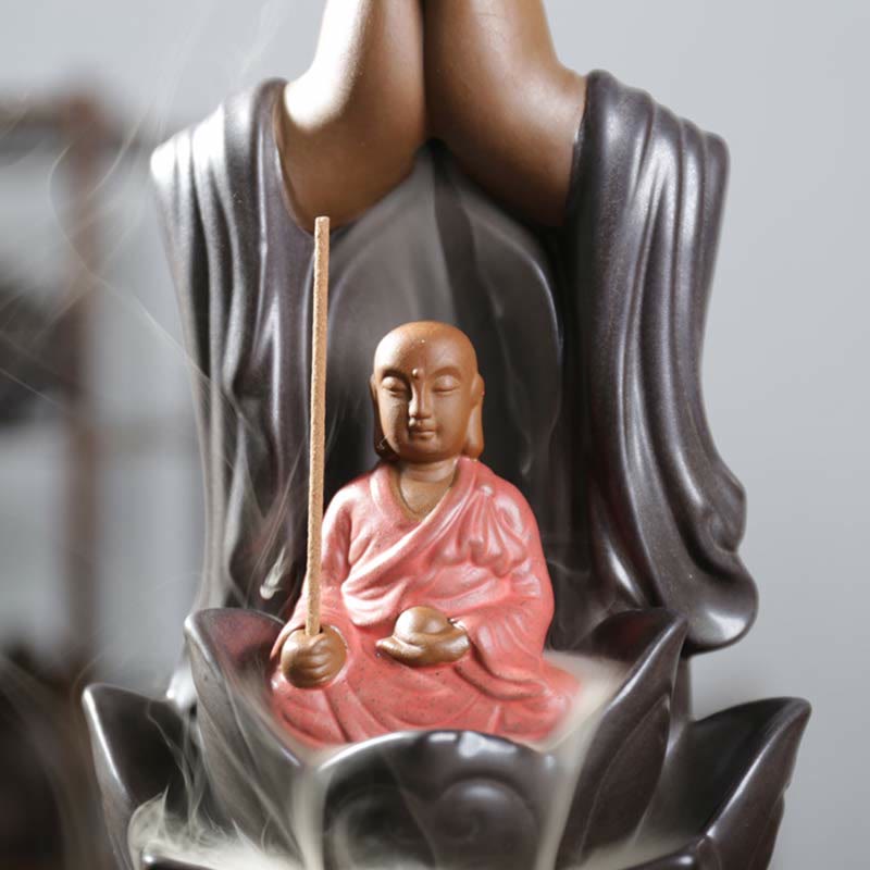 Ceramic Lotus Blessing Backflow Incense Burner with Buddha Deities