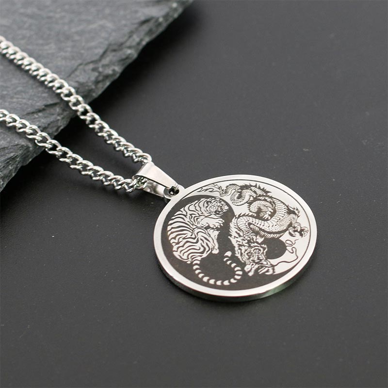 Titanium Steel Dragon Necklace with Tiger Dragon Harmony Pendant