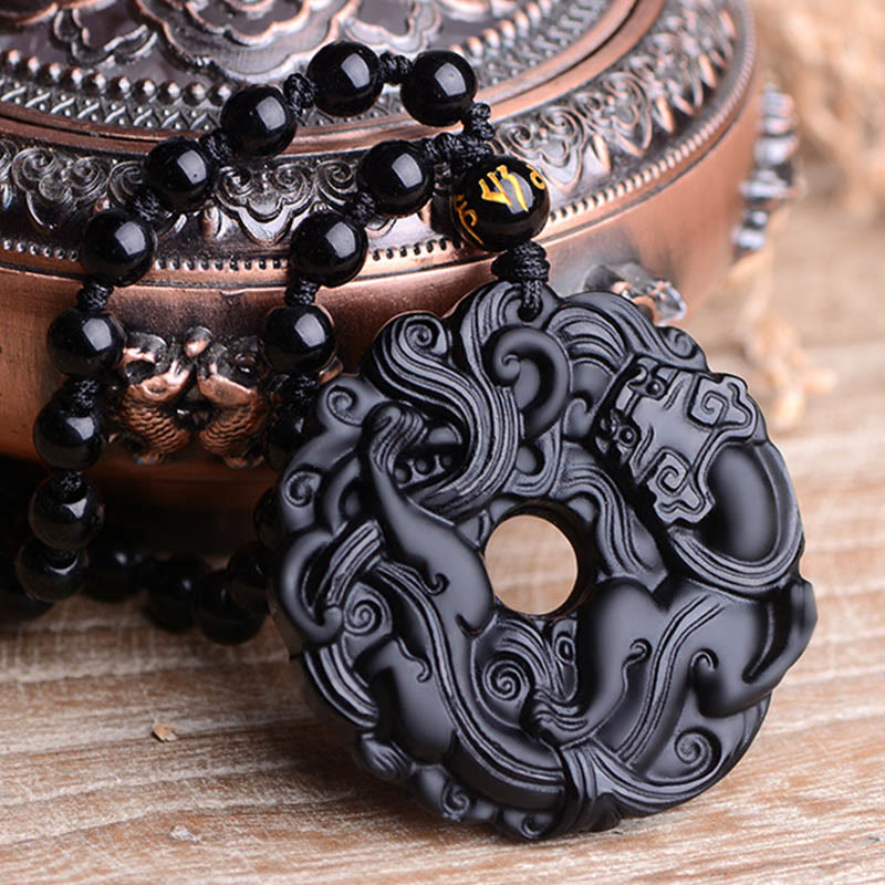 Black Obsidian Peace Buckle Pixiu Protection Necklace