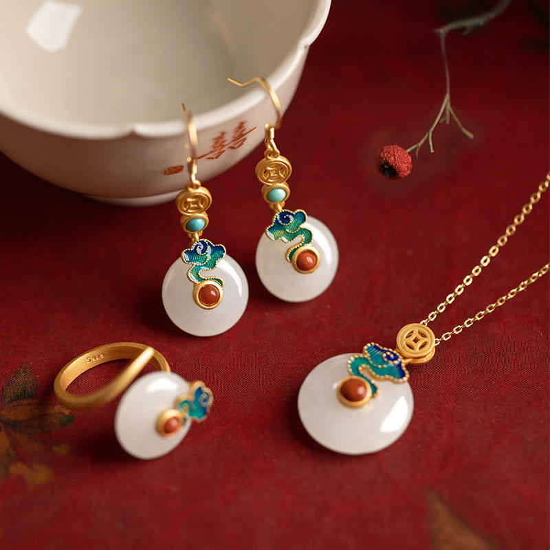 Jade Copper Coins Prosperity Jewelry Set Necklace Bracelet Ring Earrings