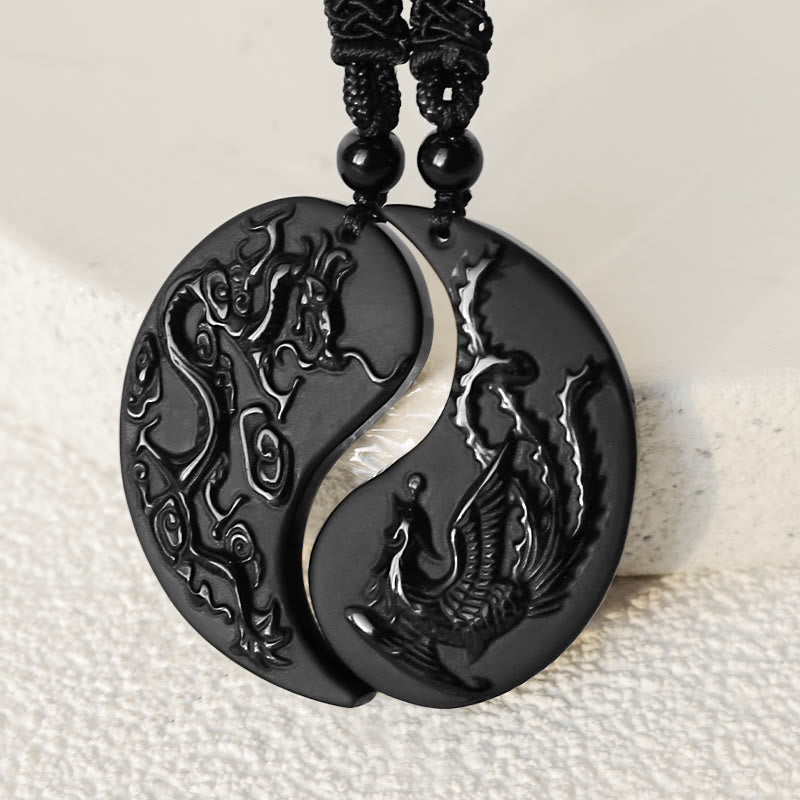 Black Obsidian Yin Yang Dragon Phoenix Necklace