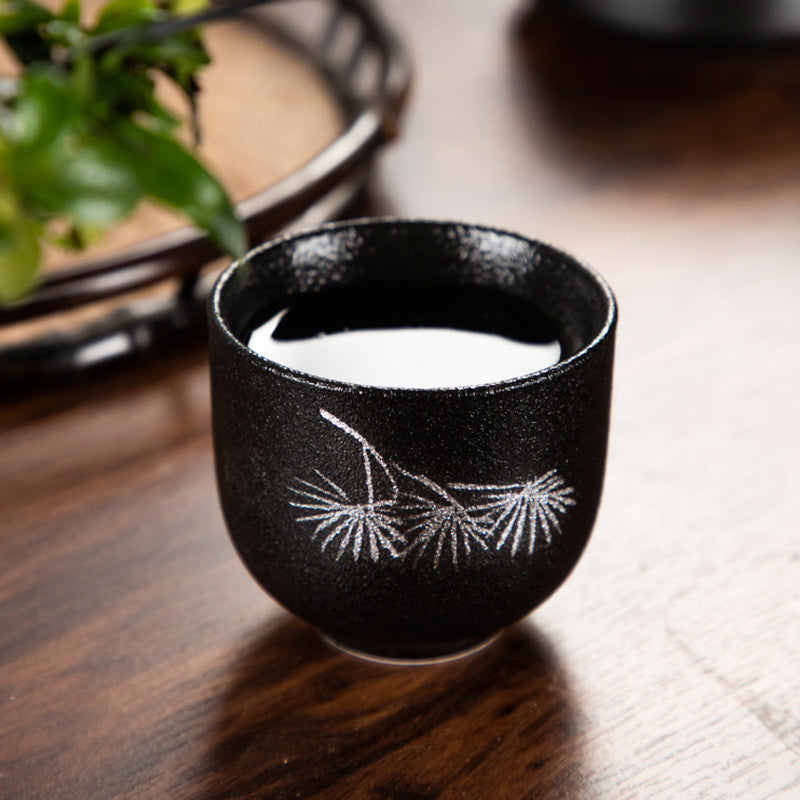 95ml Hand Painted Black Pottery Lotus Flower Ceramic Tea Cup