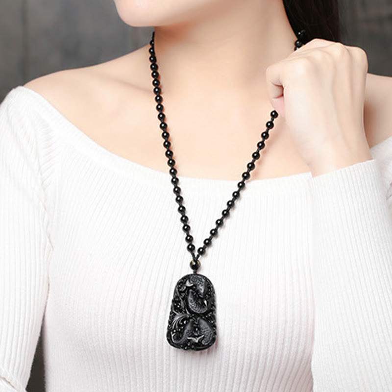 Black Obsidian Koi Fish Strength Necklace Pendant