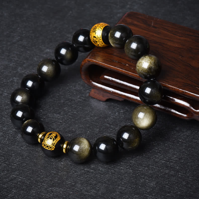 Goldglänzendes Obsidian-Schutzarmband mit chinesischem Sternzeichen, 12 mm