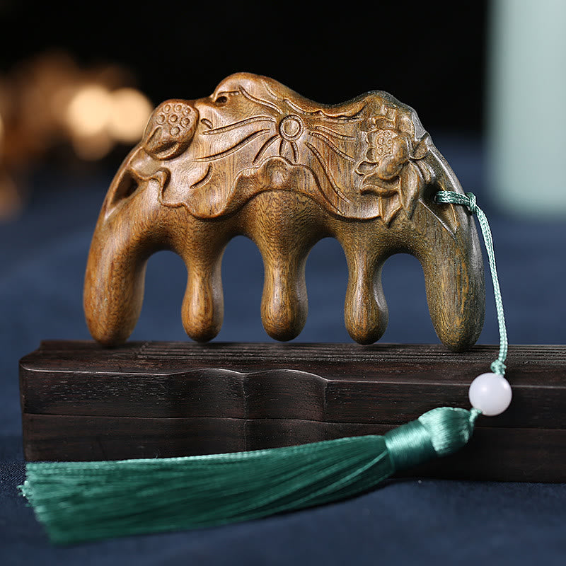 Green Sandalwood Tassel Comb with Lotus & Koi Fish Symbols