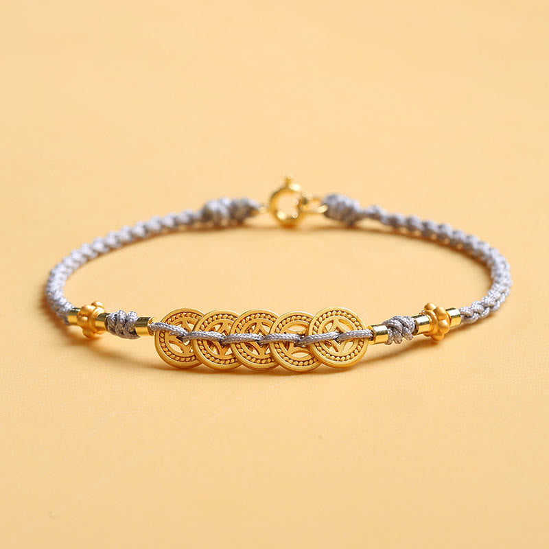 Copper Coin Tree of Life Bracelet with Pearl and Blue Rope