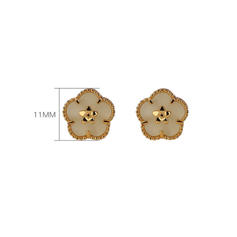 Sterling Silver Hetian Jade Plum Flower Luck Stud Earrings