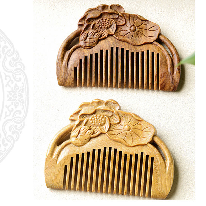Green Sandalwood Lotus Flower Engraved Soothing Comb