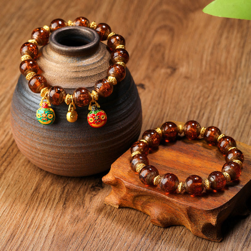 Gold Swallowing Beast Liuli Glass Bead Spiritual Bracelet 12mm