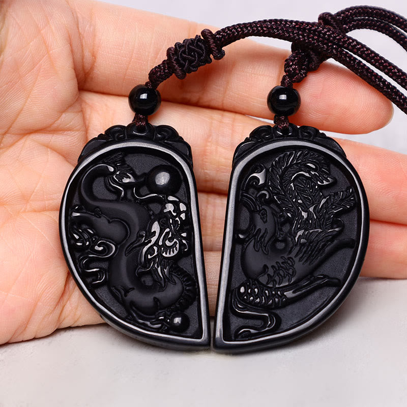 Obsidian Dragon Phoenix Love Protection Necklace