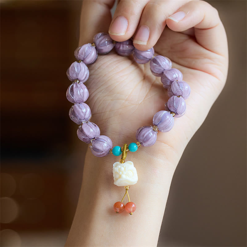 Unisex Fluorite Bracelet with Liuli Glass Beads & Dancing Lion Charm