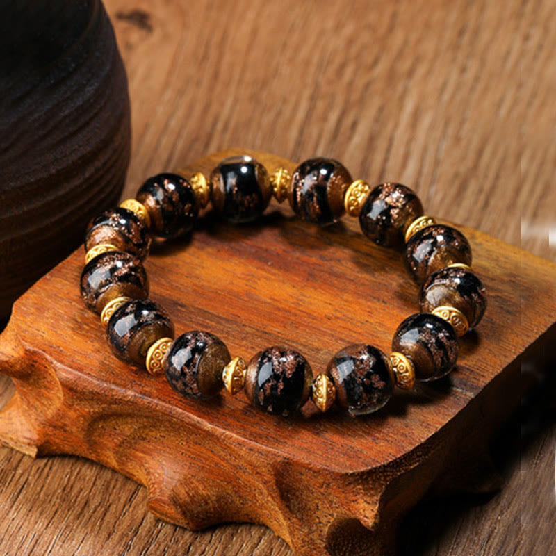 Gold Swallowing Beast Liuli Glass Bead Spiritual Bracelet 12mm