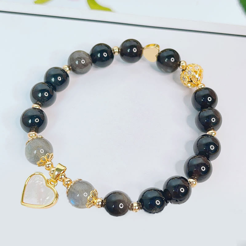 Silver Sheen Obsidian Protection Bracelet with Love Heart Charm