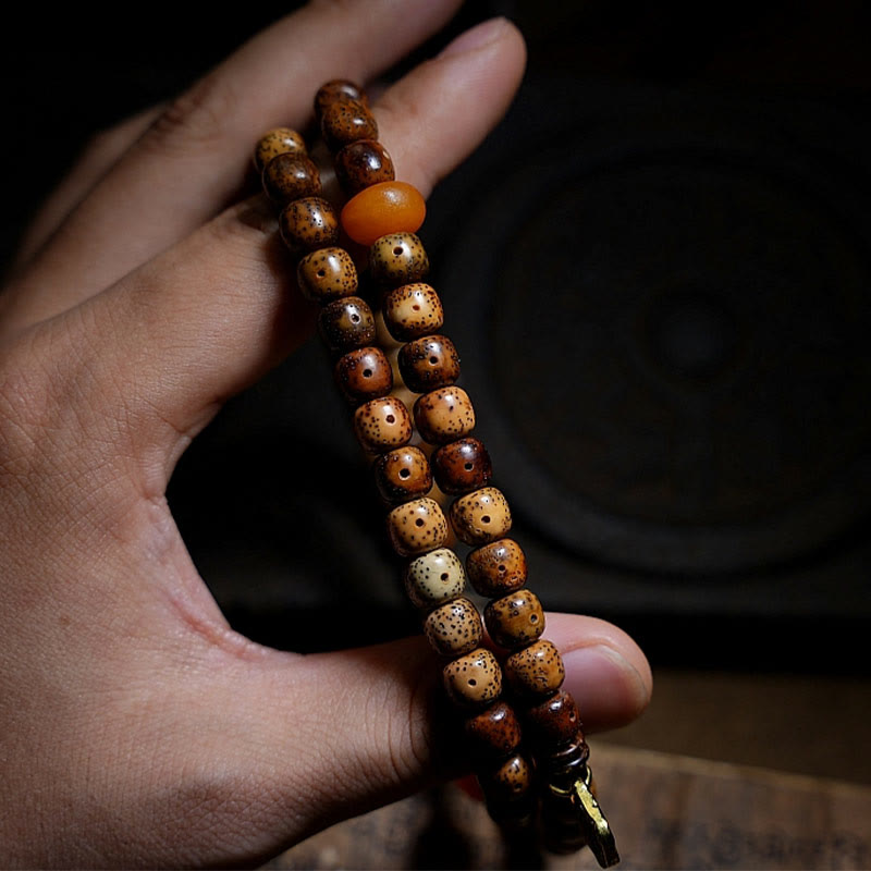 Triple Wrap Agate Bracelet with Bodhi Seed & Amber Beads