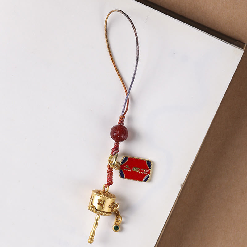 Om Mani Padme Hum Gebetsmühlen-Amulett aus rotem Achat mit Kupfer-Schutzanhänger