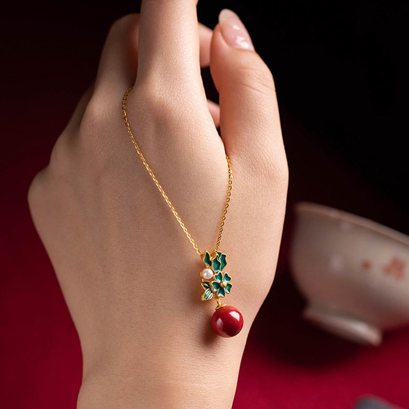 925 Sterling Silver Gold Cinnabar Pearl Blessing Necklace Set