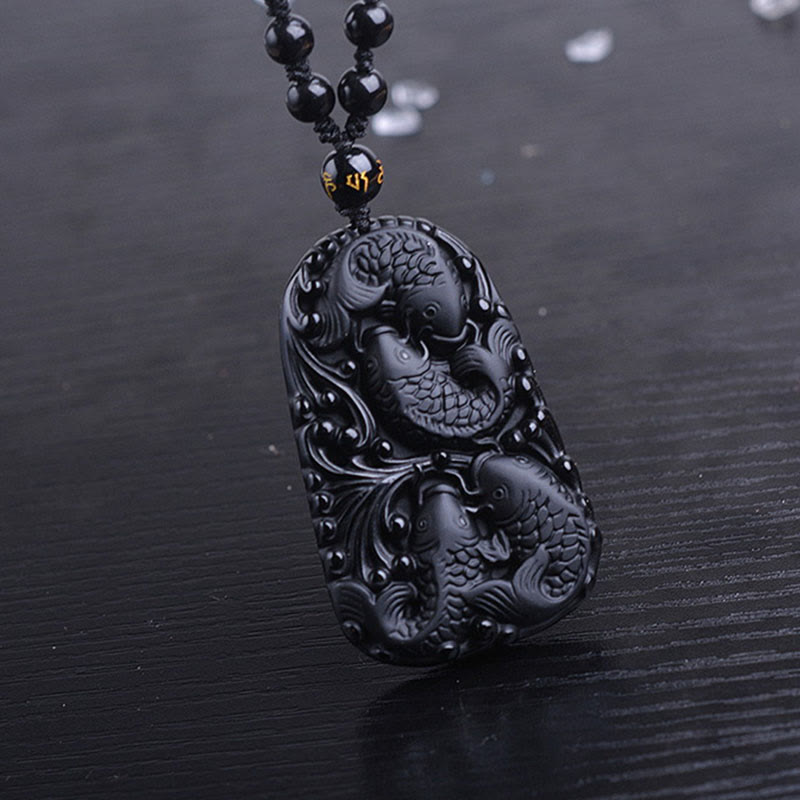 Black Obsidian Koi Fish Strength Necklace Pendant