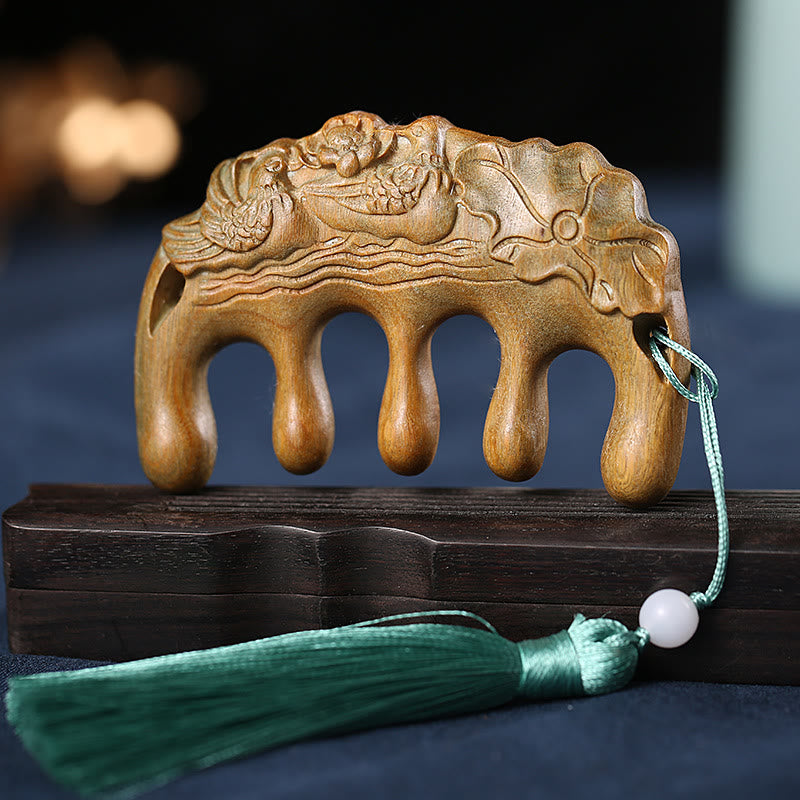Green Sandalwood Tassel Comb with Lotus & Koi Fish Symbols