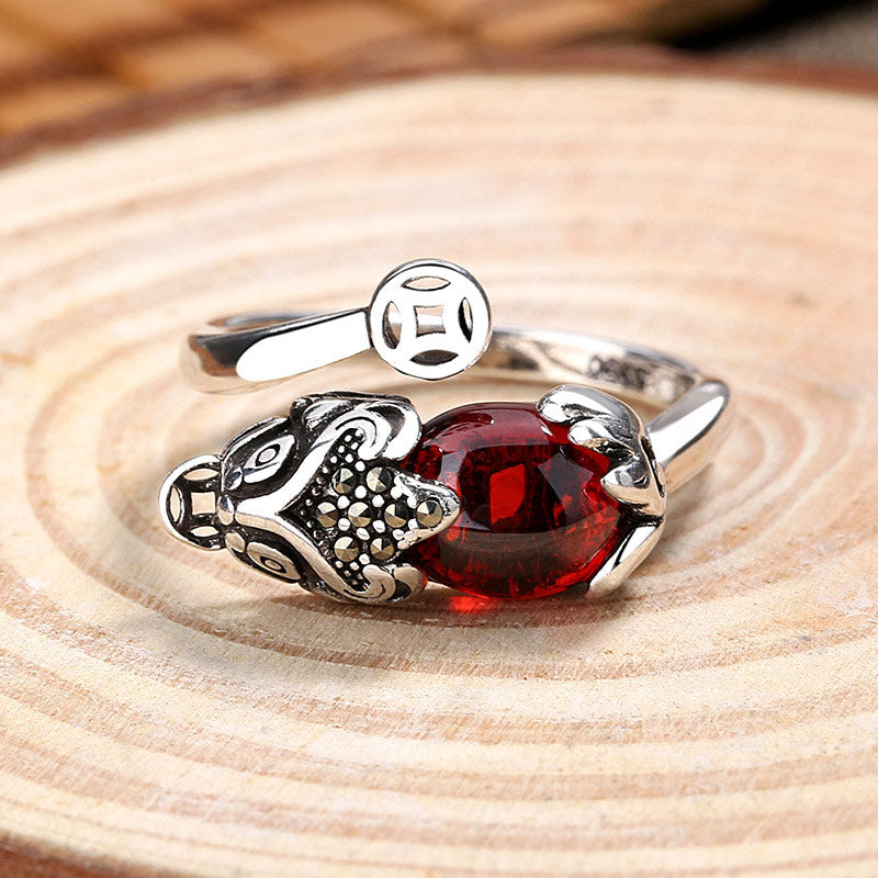 Adjustable Copper Garnet Pixiu Wealth Feng Shui Ring