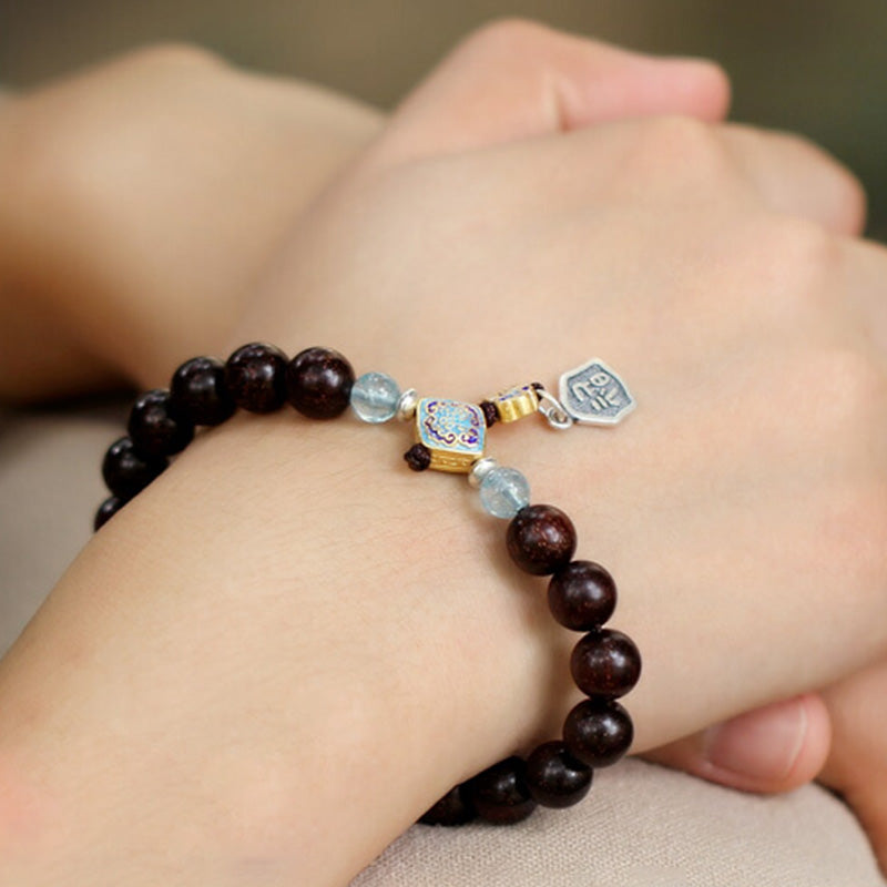 Aquamarine Bracelet with Red Sandalwood & 925 Silver Blessings