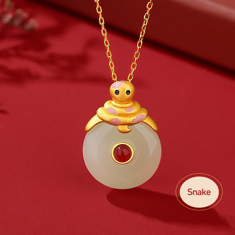 Dragon Zodiac Necklace | Sterling Silver with Hetian Jade & Red Agate