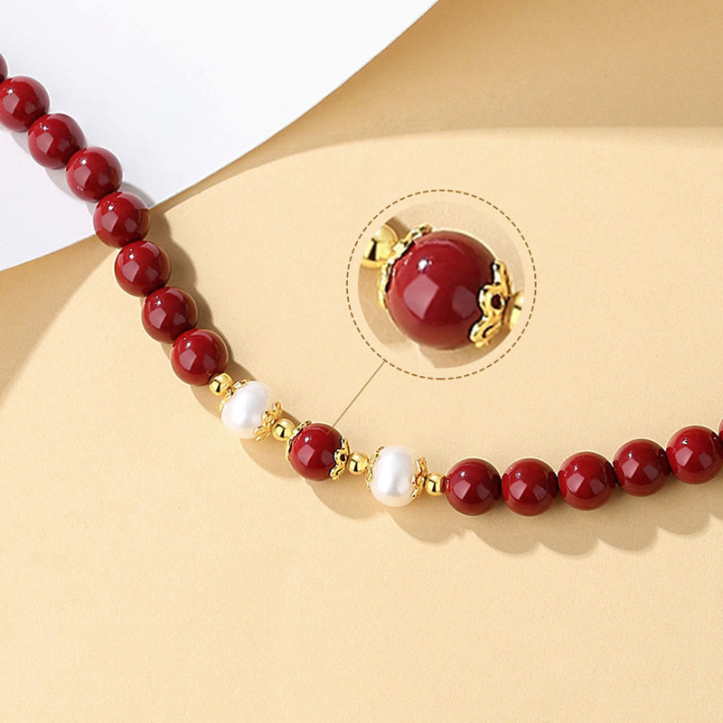 Cinnabar Pearl Blessing Jewelry Set in 925 Sterling Silver