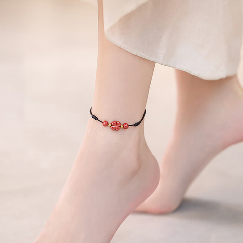 Cinnabar String Bracelet with Four Leaf Clover for Calm & Blessing