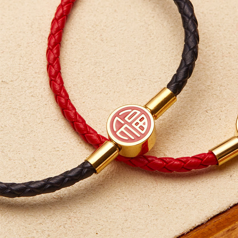 Fu Character Leather Buckle Bracelet for Good Fortune & Blessing